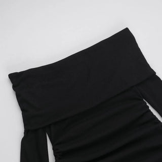 Long flared sleeve off shoulder drawstring mini dress