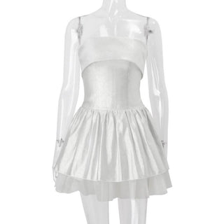 Off shoulder glitter mesh ruffle mini dress