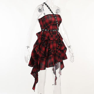 Ruffle plaid zip-up irregular one shoulder backless mini dress | victorian gothic dresses