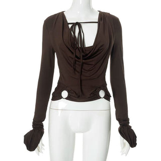 Long sleeve cowl neck o ring self tie ruched hollow out cut out top