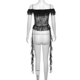 Off shoulder lace ruffle hollow out cut out top