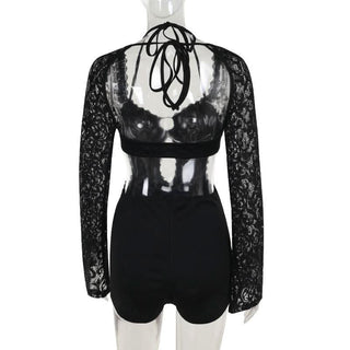 Long sleeve halter self tie lace hollow out romper