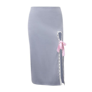 Bowknot slit lace hem denim zip-up hollow out irregular cut out midi skirt