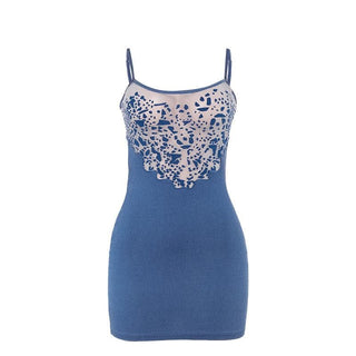 U neck denim mesh patchwork print cami mini dress