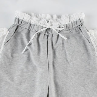 Lace hem bowknot medium rise pant