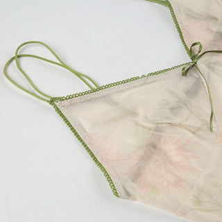 V neck flower print bowknot mesh cami top