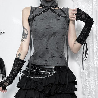 Sleeveless high neck buckle patchwork top