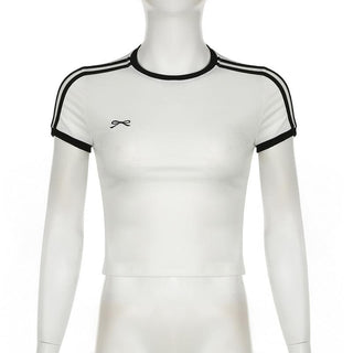 Short sleeve bowknot embroidery stitch top