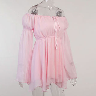 Off shoulder long flared self tie mini dress