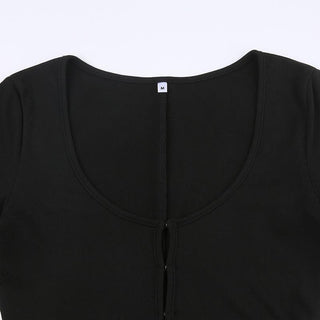 Long sleeve solid button u neck hollow out romper
