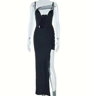 Irregular high slit ruched mesh hollow out cami cut out maxi dress