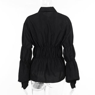Turnover collar long puff sleeve button top