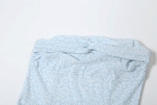 Sheer mesh ruffle flower print tube midi dress