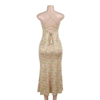 Sweetheart neck lace flower print knotted cami maxi dress