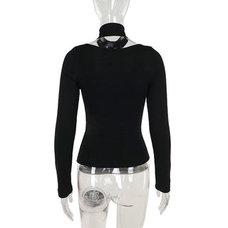 Halter long sleeve button self tie top