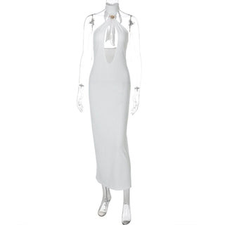 Self tie halter hollow out backless cut out midi dress