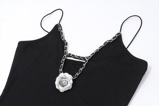 V neck flower applique hollow out cami cut out top