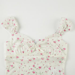 Short puff sleeve rose print lace hem ruched top