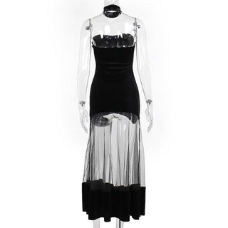 Ruched velvet mesh patchwork tube midi dress