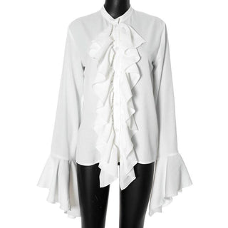 Long flared sleeve ruched ruffle button solid top