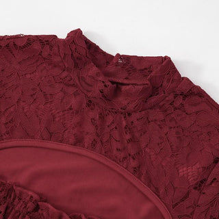 Long flared sleeve hollow out ruched lace cut out mini dress