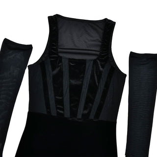 Square neck gloves mesh patchwork velvet mini dress