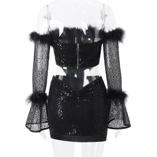 Long flared sleeve glitter feather off shoulder top