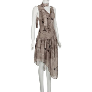 Sleeveless cowl neck print irregular ruched midi dress