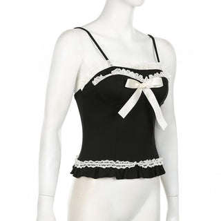 Lace hem ruffle bowknot contrast cami top