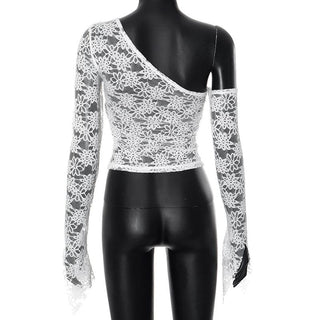 Long flared sleeve bowknot one shoulder lace top