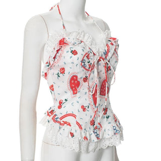 Halter lace hem print ruffle button top
