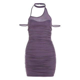 Halter off shoulder mesh irregular ruched mini dress