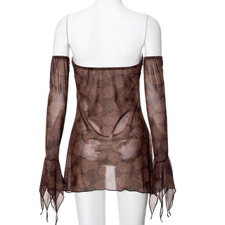 Long flared sleeve sheer mesh print off shoulder top