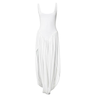 U neck ruched high slit backless cami maxi dress