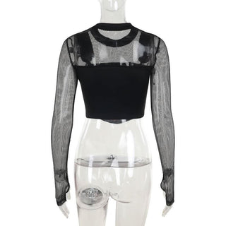 Crewneck long sleeve demon embroidery fishnet patchwork top