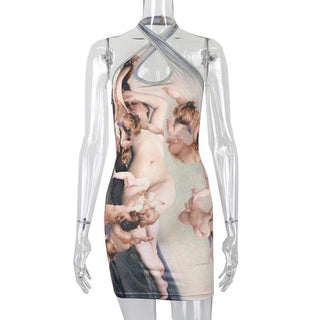 Halter ruched hollow out print backless cut out mini dress