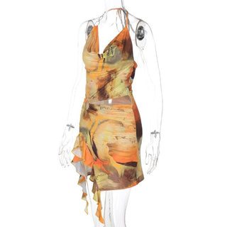 Halter print cowl neck o ring ruffle mini dress