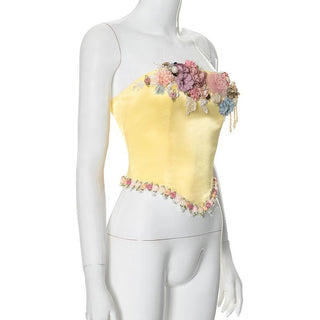 Satin bustier flower applique zip-up tube top