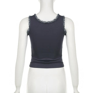 U neck lace hem bowknot pattern contrast tank top