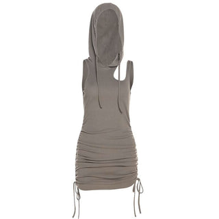 Hoodie ruched drawstring hollow out cut out mini dress