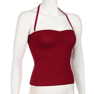 Halter ruched lace hem backless solid top