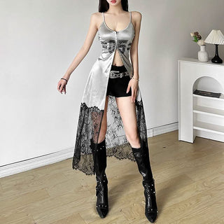 U neck button high slit lace hem patchwork cami top