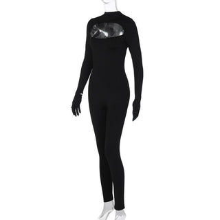 Long sleeve hollow out gloves solid zip-up jumpsuit