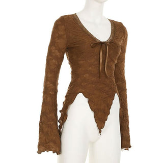 Long flared sleeve textured lace hem ruffle top