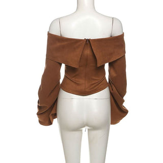 Off shoulder long sleeve lace up zip-up top