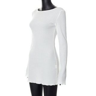 Textured solid self tie backless long sleeve ruffle mini dress