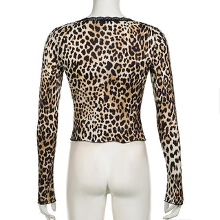 Long sleeve lace hem leopard print ruffle self tie top