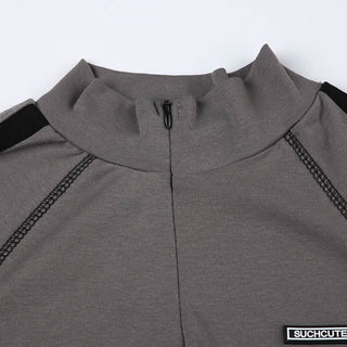 High neck long sleeve tag zip-up top