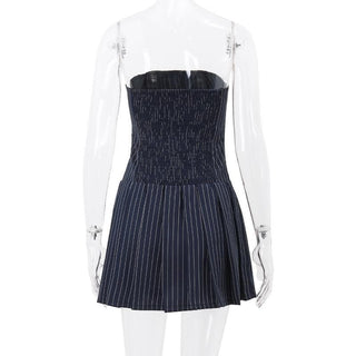 Pleated smocked striped zip-up backless tube mini dress