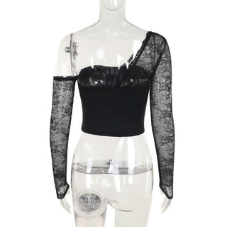 One shoulder long sleeve patchwork lace top